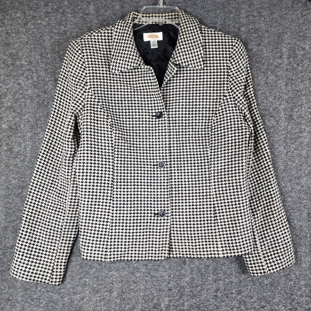 Talbots Blazer Jacket Womens 12 Black White Houndstooth Wool Blend Made in USA